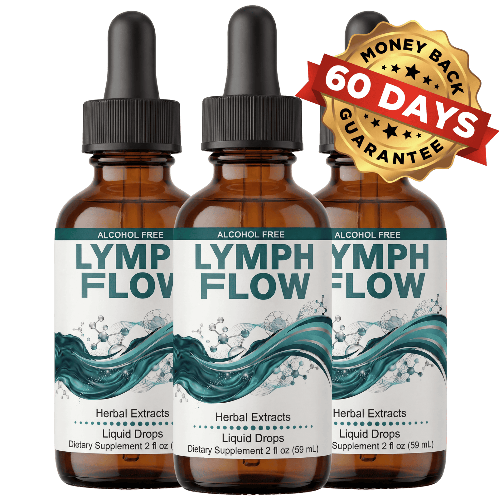 Three bottles of Lymph Flow with 60-day guarantee badge