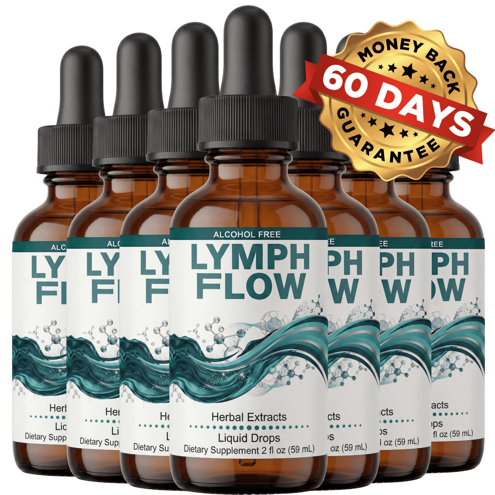 Six bottles of Lymph Flow with 60-day guarantee badge